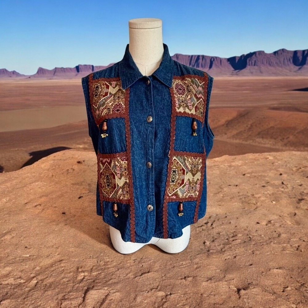 Vintage Allure Denim Vest Southwestern Tapestry Charms Blue‎ Womens M